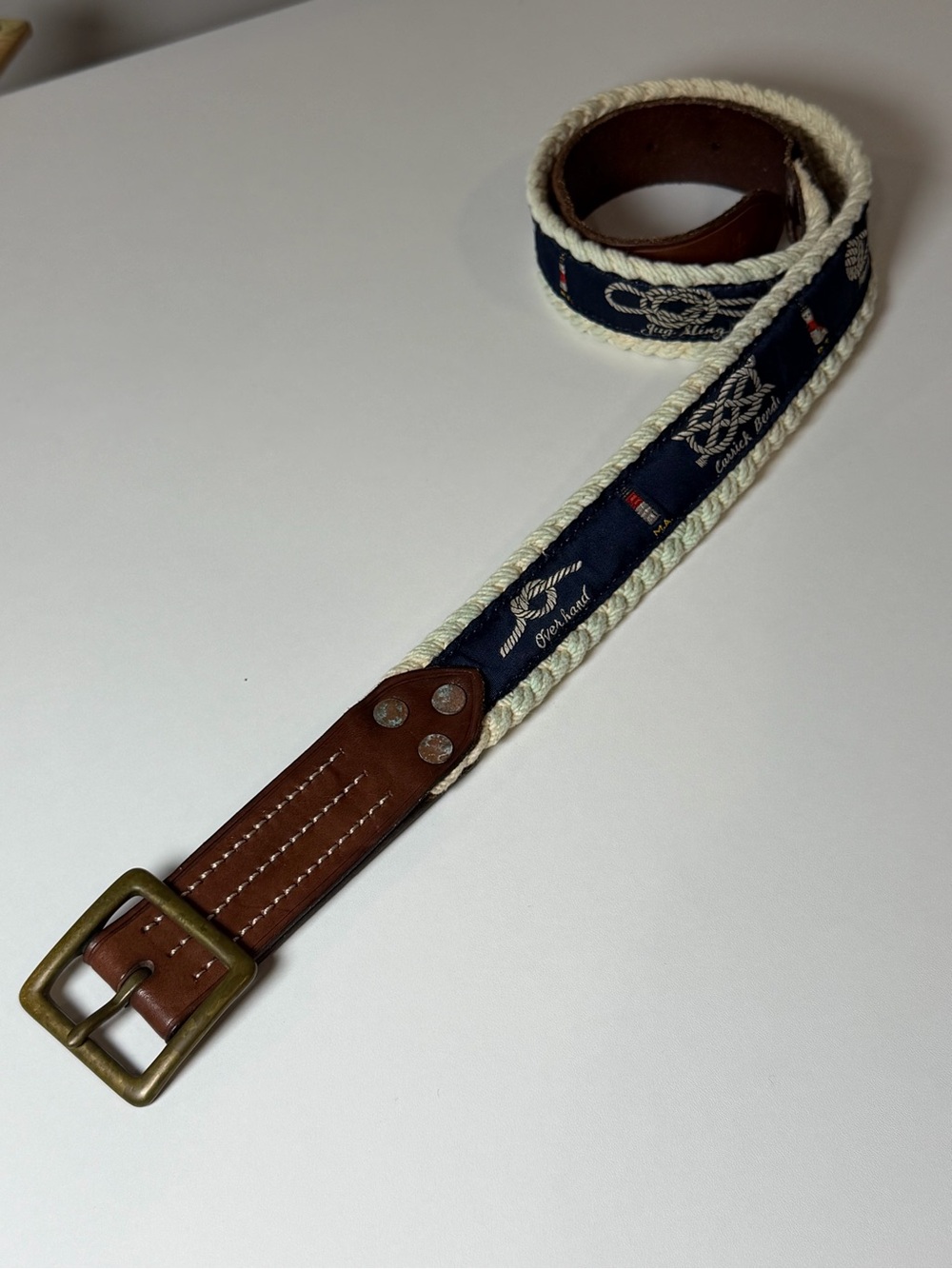 Polo Ralph Lauren 32W RARE Nautical Rope-Trim Leather Belt Preppy Canvas Trad